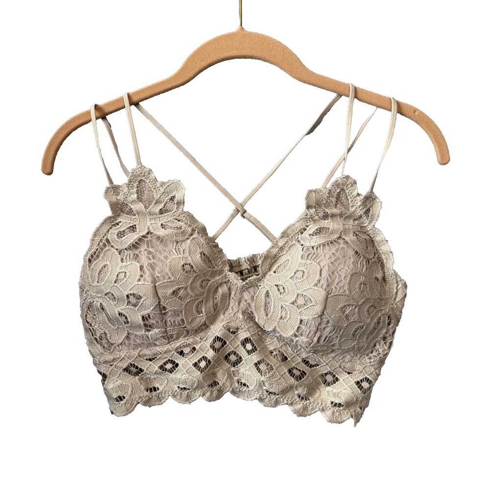Wishlist Crochet Floral Lace Bralette L Taupe Tan Boho Festival Layering Top